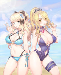 Rule 34 | 2girls, absurdres, aqua bikini, arm behind back, beach, bikini, black bikini, black bow, blonde hair, blue bikini, blue eyes, blunt bangs, blush, bow, breasts, bridal garter, center opening, choker, christina (princess connect!), closed mouth, clothing cutout, criss-cross halter, day, flower, gem, hair between eyes, hair bow, hair flower, hair ornament, twirling hair, halterneck, high ponytail, highres, jewelry, large breasts, layered bikini, lens flare, long hair, looking at viewer, mochirong, multiple girls, navel, navel cutout, necklace, o-ring, o-ring bikini, o-ring bottom, o-ring top, ocean, one-piece swimsuit, outdoors, parted bangs, parted lips, pearl necklace, ponytail, princess connect!, purple choker, purple one-piece swimsuit, saren (princess connect!), saren (summer) (princess connect!), side-tie bikini bottom, smile, stomach, sun, swimsuit, very long hair, w, yellow eyes