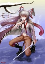 Rule 34 | 1girl, adapted costume, alternate costume, artist name, ascot, bare tree, black footwear, boots, bow, breasts, brown pants, coat, crack, day, eyelashes, frilled sleeves, frills, frozen lake, fujiwara no mokou, hair bow, hand up, highres, holding, holding sword, holding weapon, knee boots, light purple hair, long hair, long sleeves, looking at viewer, looking up, midriff, navel, on one knee, pants, parted lips, recare, red coat, red eyes, shiny skin, shirt, small breasts, snow, solo, sword, teeth, touhou, tree, very long hair, weapon, white shirt, wind