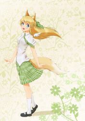 Rule 34 | 10s, 1girl, 2013, :d, animal ears, blonde hair, blue eyes, bow, dated, detached wings, fox ears, fox tail, full body, green necktie, green ribbon, green skirt, hair bow, hair ornament, hair ribbon, highres, long hair, looking at viewer, mary janes, necktie, nicca (kid nicca), open mouth, original, plaid, plaid skirt, pleated skirt, ribbon, school uniform, shoes, skirt, smile, solo, tail, white legwear, wind, wings