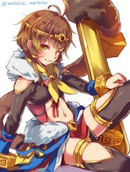 Rule 34 | 1girl, bare shoulders, breasts, brown eyes, brown hair, crown, mataichi mataro, monkey tail, monkey wrench (ole tower), ole tower, one eye closed, short hair, simple background, small breasts, solo, tail, thighhighs