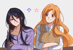 2girls artist_request black_hair bleach breasts highres inoue_orihime kuchiki_rukia large_breasts long_hair multiple_girls orange_hair purple_eyes source_request