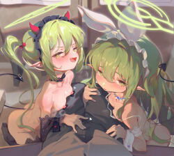 Rule 34 | 1boy, 2girls, ass, black pants, black tail, black wrist cuffs, blue archive, breast press, breasts, detached sleeves, fake horns, fang, ffm threesome, green hair, green halo, group sex, hair between eyes, halo, hetero, highres, hikari (blue archive), horns, long hair, long sleeves, looking at viewer, multiple girls, nipples, nozomi (blue archive), nude, open mouth, pants, pointy ears, pov, sidelocks, small breasts, smile, threesome, twintails, villainchin, white wrist cuffs, wrist cuffs