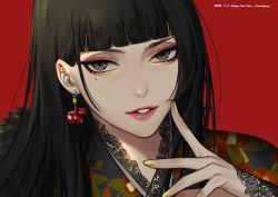 Rule 34 | 1girl, artist name, black hair, blunt bangs, chinese zodiac, dated, earrings, eyeshadow, finger to cheek, grey eyes, happy new year, highres, inanome me, japanese clothes, jewelry, kimono, lace, lace trim, long hair, looking at viewer, makeup, mole, mole under eye, nail polish, new year, original, parted lips, portrait, red background, smile, solo, tsurime, year of the ox, yellow nails