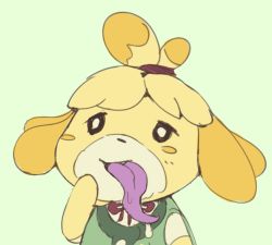 Rule 34 | 1girl, animal crossing, animal ears, black eyes, blonde hair, blush stickers, body fur, boke-chan, dog ears, dog girl, female focus, flat chest, furry, furry female, green background, green vest, hair tie, hand to own mouth, hand up, isabelle (animal crossing), long tongue, neck ribbon, nintendo, parted bangs, red ribbon, ribbon, saliva, shirt, short hair, short sleeves, simple background, sketch, solo, tongue, tongue out, topknot, two-tone fur, upper body, vest, white fur, white shirt, yellow fur