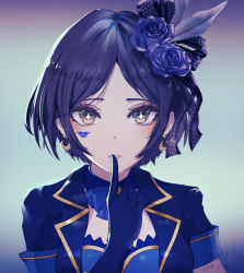 Rule 34 | + +, 1girl, bad id, bad pixiv id, black hair, blue gloves, blue jacket, blush, breasts, brown eyes, commentary request, crescent, crescent earrings, dated, earrings, facial mark, finger to mouth, flower, gloves, hair flower, hair ornament, hand up, hayami kanade, idolmaster, idolmaster cinderella girls, jacket, jewelry, lipstick mark, looking at viewer, medium breasts, minyom, parted lips, purple flower, purple rose, rose, short hair, short sleeves, signature, solo, upper body