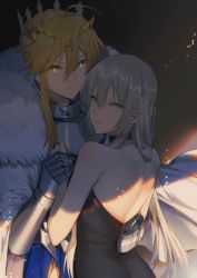 Rule 34 | 2girls, absurdres, armor, armored dress, artoria pendragon (fate), artoria pendragon (lancer) (fate), bad id, bad twitter id, bare shoulders, blonde hair, braid, breastplate, choker, cowboy shot, crown, fate/grand order, fate (series), french braid, fur trim, gauntlets, green eyes, grey hair, hair between eyes, hand on another&#039;s back, highres, holding hands, incest, long hair, looking at viewer, morgan le fay (fate), multicolored hair, multiple girls, parted lips, siblings, sidelocks, sisters, smile, yorukun, yuri