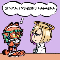 Rule 34 | 1girl, annoyed, blonde hair, cat, collared shirt, colored inner hair, cosplay, garfield, garfield (character), halo, hololive, hololive english, id card, jenma-chan, jim davis (style), lowres, multicolored hair, orange hair, parody, peagade, purple hair, sandals, shirt, short hair, style parody, tail, takanashi kiara, takanashi kiara (cosplay), thought bubble, triangle hair ornament, virtual youtuber, white shirt