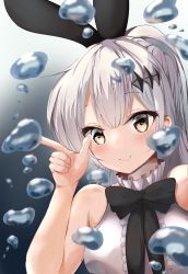 Rule 34 | 1girl, absurdres, animal ears, bad id, bad pixiv id, blush, breasts, rabbit ears, closed mouth, five-seven (girls&#039; frontline), girls&#039; frontline, hair ornament, highres, large breasts, looking at viewer, ponytail, silver hair, simple background, solo, zengi