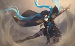Rule 34 | 1girl, aiguillette, belt, black cape, black dress, black gloves, black headwear, black necktie, black thighhighs, blue eyes, blue hair, breasts, cape, chain, commentary, dress, dust, english commentary, epaulettes, floating hair, full body, gloves, gold trim, hair between eyes, hand on floor, hatsune miku, highres, legwear garter, long hair, long sleeves, mixed-language commentary, necktie, on one knee, outstretched arm, outstretched leg, parted lips, sideways glance, small breasts, solo, thighhighs, twintails, two-sided fabric, very long hair, vocaloid, wind, zieru
