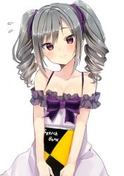 Rule 34 | 10s, 1girl, absurdres, bare shoulders, blush, book, breasts, cleavage, commentary request, drill hair, highres, holding, holding book, idolmaster, idolmaster cinderella girls, kanzaki ranko, long hair, medium breasts, red eyes, shimofuri, silver hair, sketchbook, smile, solo, twin drills, white background