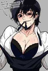 Rule 34 | 1girl, biting, black hair, bra, breasts, chainsaw man, cleavage, collarbone, collared shirt, commentary, ear piercing, english commentary, english text, genderswap, genderswap (mtf), highres, large breasts, long sleeves, mark gavatino, mole, mole on breast, piercing, shirt, short hair, simple background, smile, solo, sweat, teeth, underwear, white shirt, yoshida hirofumi