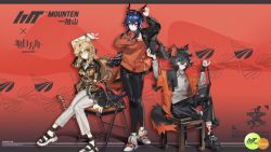 Rule 34 | 1boy, 2girls, aak (arknights), alternate costume, animal ears, animal print, arknights, cat boy, cat ears, cat tail, ch&#039;en (arknights), dragon girl, dragon horns, dragon tail, furry, furry male, highres, horns, modeling, multiple girls, oyuki gms, product placement, swire (arknights), tail, tiger ears, tiger girl, tiger print, tiger tail