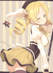 Rule 34 | 1girl, ;), beret, black border, black gloves, black hat, black thighhighs, blonde hair, blush, border, breasts, charlotte (madoka magica), closed mouth, corset, cowboy shot, detached sleeves, drill hair, fingerless gloves, flower, gloves, gun, hair flower, hair ornament, hand up, hat, high collar, highres, holding, holding gun, holding weapon, impossible clothes, large breasts, letterboxed, looking at viewer, magia record: mahou shoujo madoka magica gaiden, magical musket, mahou shoujo madoka magica, mahou shoujo madoka magica (anime), neck ribbon, one eye closed, outside border, outstretched arm, pleated skirt, pom pom (clothes), puffy short sleeves, puffy sleeves, ribbon, rifle, short sleeves, skindentation, skirt, smile, solo, soul gem, striped clothes, striped thighhighs, tam-u, thighhighs, thighs, tomoe mami, twin drills, vertical-striped clothes, vertical-striped thighhighs, weapon, witch (madoka magica), yellow eyes, yellow ribbon, yellow skirt