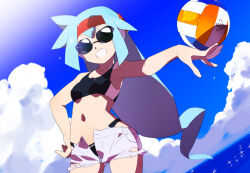 Rule 34 | 1girl, alternate costume, alternate hairstyle, ashe (mega man), ball, bikini, black bikini, blue hair, breasts, cloud, commentary request, commission, green eyes, holding, holding ball, kaidou zx, long hair, mega man (series), mega man zx, mega man zx advent, navel, ocean, open clothes, open fly, open shorts, pixiv commission, short hair, shorts, sky, small breasts, sports bikini, sunglasses, swimsuit, swimsuit under clothes, unbuttoned, unzipped, variant set, volleyball (object), water, white shorts