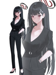 Rule 34 | 1girl, absurdres, adapted costume, black footwear, black hair, black pants, blue archive, blush, breasts, cleavage, closed mouth, collarbone, hee (user ykux4248), high heels, highres, large breasts, long hair, looking at viewer, pants, red eyes, rio (blue archive), simple background, solo, watch, white background, wristwatch, zoom layer