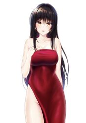 Rule 34 | 1girl, bare shoulders, black hair, breasts, brown eyes, cleavage, collarbone, commentary request, dress, hand on own chest, kotegawa yui, large breasts, long hair, looking at viewer, realman, red dress, simple background, solo, standing, to love-ru, white background
