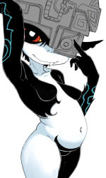 Rule 34 | black skin, blush, breasts, colored skin, fang, gigawix, helmet, midna, multicolored skin, navel, nintendo, no nipples, no pussy, nude, one eye covered, red eyes, simple background, small breasts, smirk, solo, tattoo, the legend of zelda, the legend of zelda: twilight princess, white background, white skin