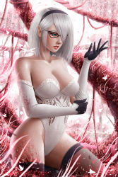 Rule 34 | 1girl, adjusting clothes, adjusting gloves, bare shoulders, black-framed eyewear, blood, blood on clothes, blue eyes, breasts, collarbone, commentary, elbow gloves, enrique marcell, glasses, gloves, groin, hair over one eye, hairband, highleg, highleg leotard, highres, lace trim, large breasts, leotard, mole, mole under eye, nier (series), nier:automata, parted lips, pointy ears, realistic, signature, silver hair, solo, thighhighs, tree, white gloves, white leotard, 2b (nier:automata)