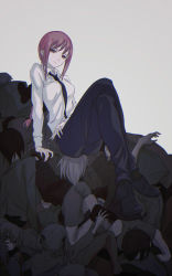 Rule 34 | 1girl, black footwear, black necktie, black pants, braid, braided ponytail, breasts, brown hair, business suit, chainsaw man, collared shirt, corpse, formal, full body, grey background, highres, kotomeiro, looking at viewer, makima (chainsaw man), medium breasts, medium hair, necktie, neckwear request, pants, ringed eyes, shirt, simple background, sitting, sitting on person, solo, suit, white shirt