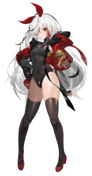 Rule 34 | 1girl, absurdres, black leotard, black thighhighs, breasts, closed mouth, colored tips, covered navel, cropped jacket, full body, grey hair, groin, hair over one eye, hand on own hip, high heels, highres, hood, hood down, hooded jacket, impossible clothes, impossible leotard, jacket, leotard, long hair, long sleeves, looking at viewer, multicolored hair, original, red eyes, red footwear, red jacket, sidelocks, simple background, small breasts, smile, solo, streaked hair, thighhighs, thighs, turtleneck, white background, zutsuyaku