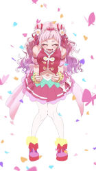 Rule 34 | 1girl, back bow, bow, breasts, bug, butterfly, clover earrings, cone hair bun, cure yell, earrings, flower, full body, gradient background, hair bun, hair flower, hair ornament, hair ribbon, heart, heart hair ornament, heart pouch, highres, hugtto! precure, insect, jewelry, layered skirt, long hair, magical girl, navel, nono hana, open mouth, pink hair, pink shirt, pink skirt, precure, ribbon, shirt, skirt, small breasts, smile, solo, thick eyelashes, thighhighs, tsukuda hayato, waist brooch, white background