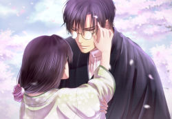 Rule 34 | 1boy, 1girl, black hair, day, closed eyes, facing another, glasses, highres, holding own arm, izumi (stardustalone), japanese clothes, kimono, long hair, outdoors, petals, renri no chigiri wo kimi to shiru, standing, upper body, wide sleeves