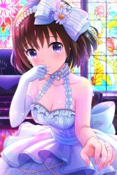 Rule 34 | 1girl, alternative girls, asahina nono, bow hairband, breasts, brown hair, cleavage, closed mouth, daisy, dress, elbow gloves, fingernails, flower, gloves, hairband, hand on own face, highres, jewelry, looking at viewer, official art, purple eyes, ring, short hair, solo, tears, wedding dress, white gloves