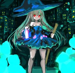 Rule 34 | 1girl, blue dress, dress, hat, red eyes, solo, staff, witch hat, yomitim