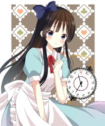 Rule 34 | 1girl, akiyama mio, alice in wonderland, apron, aqua dress, between legs, black hair, blue bow, blue eyes, blush, bow, clenched hand, dress, frills, hair bow, hand between legs, highres, k-on!, puffy short sleeves, puffy sleeves, red ribbon, ribbon, ryoutan, short sleeves, solo, standing, watch, wavy mouth, white border, wristwatch