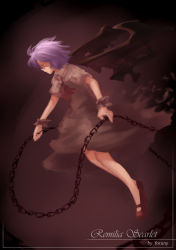 Rule 34 | 1girl, absurdres, artist name, ascot, bat wings, blurry, brooch, brown shirt, chain, character name, depth of field, expressionless, floating, foreshortening, from side, highres, jewelry, legs, light purple hair, looking down, maroon shirt, maroon skirt, no headwear, no headwear, profile, red eyes, red footwear, remilia scarlet, shirt, shoes, short hair, skirt, solo, torn clothes, torn skirt, torn wings, touhou, wings, wrist cuffs, yoruny