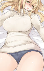 Rule 34 | 10s, 1girl, atago (kancolle), blonde hair, blush, breasts, green eyes, kantai collection, large breasts, long hair, looking at viewer, nekoume, open mouth, personification, ribbed sweater, short shorts, shorts, sketch, solo, sweater