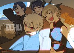 2boys 2girls black_hair black_nails blue_hair braid brown_hair car_interior car_seat character_name china_dress chinese_clothes closed_eyes crown_braid dress driving english_text fangs flower furen_e_lustario glasses horns kuzuha_(nijisanji) leos_vincent looking_at_viewer mask meloco_kyoran multiple_boys multiple_girls nijisanji nijisanji_en open_mouth orange_flower piercing pointy_ears red_eyes round_eyewear smile sunlight teeth twitter_username umaioisiiamai virtual_youtuber white_hair