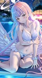 Rule 34 | 1girl, absurdres, bikini, blue archive, blurry, blurry background, blush, bokeh, breasts, cleavage, collarbone, depth of field, feathered wings, frilled bikini, frills, halo, head tilt, highres, large breasts, long hair, looking at viewer, may9, mika (blue archive), navel, night, pink hair, pool, scrunchie, signature, sitting, smile, solo, stomach, straight hair, swimsuit, very long hair, white bikini, white wings, wings, wrist scrunchie, yokozuwari