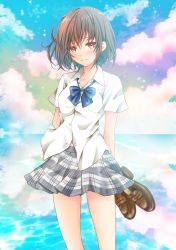 Rule 34 | 1girl, blue bow, blue bowtie, bow, bowtie, breast pocket, brown eyes, brown footwear, brown hair, buttons, cloud, cloudy sky, collared shirt, day, dress shirt, grey skirt, holding, holding shoes, horizon, legs apart, loafers, looking at viewer, ocean, original, plaid, plaid skirt, pocket, school uniform, sheepd, shirt, shoes, unworn shoes, short hair, short sleeves, skirt, sky, solo, sparkle, thighs, water, white shirt, wing collar