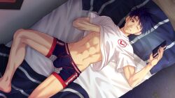 Rule 34 | 1boy, abs, ace anderson, bedroom, blue hair, boxers, closed mouth, clothes lift, collaboration, dark blue hair, feet out of frame, floor, from above, highres, indoors, jock studio (blits games), looking at phone, male focus, male underwear, mikkoukun, navel, non-web source, official art, on bed, one eye closed, phone, shirt, shirt lift, short hair, solo, underwear, variant set, wall, white shirt, zamius