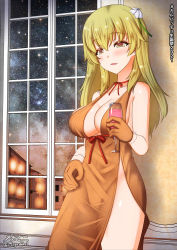 Rule 34 | 1girl, alcohol, blonde hair, blush, breasts, carpaccio (girls und panzer), champagne, cleavage, collarbone, dress, female focus, flower, girls und panzer, glass, gloves, green eyes, hair flower, hair ornament, highres, indoors, large breasts, long hair, looking at viewer, megadeko, no panties, open mouth, orange dress, orange gloves, shiny skin, sky, smile, solo, star (sky), starry sky, window