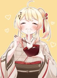 Rule 34 | 1girl, ahoge, blonde hair, bowl, chopsticks, eating, food, fortissimo, hair ornament, heart, highres, holding, holding chopsticks, hololive, hololive dev is, japanese clothes, kimono, mochi, musical note, musical note hair ornament, osono (jpku7757), otonose kanade, plaid kimono, virtual youtuber, wide sleeves, yellow background