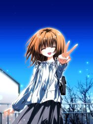 Rule 34 | 1girl, ^ ^, backpack, bag, bare tree, black skirt, blue sky, blurry, blurry background, brown hair, building, closed eyes, commentary request, cowboy shot, day, fingernails, fireflies, frilled shirt, frills, hajang68, hand up, highres, korean commentary, long sleeves, medium hair, open mouth, original, outdoors, pleated skirt, railing, shirt, skirt, sky, smile, solo, standing, tree, v, white shirt