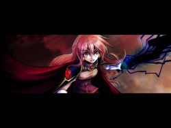 Rule 34 | 1girl, armor, cape, clenched teeth, earrings, elbow gloves, foreshortening, gem, gloves, hair between eyes, high-waist skirt, holding, holding weapon, jewelry, letterboxed, lina inverse, long hair, magic, outstretched arm, pink hair, purple skirt, red cape, red eyes, red hair, red gemstone, shoulder pads, skirt, slayers, solo, standing, sword, teeth, upper body, weapon, white gloves