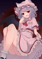 Rule 34 | 1girl, absurdres, animal ear fluff, animal ears, bat wings, blush, bow, brooch, bubble, clothes lift, collar, dress, ears through headwear, eyelashes, fang, frilled dress, frilled hat, frilled socks, frills, hair ornament, hand gesture, hat, highres, hinata (user rjkt4745), holding, jewelry, legs, legs together, lifting own clothes, looking at viewer, mob cap, moon, nail polish, neck ribbon, night, night sky, pink dress, pink hat, presenting, purple hair, red bow, red eyes, red moon, red ribbon, remilia scarlet, ribbon, sash, shoes, short hair, short sleeves, sitting, skirt, skirt lift, sky, smile, socks, touhou, vampire, white socks, wings, wrist cuffs
