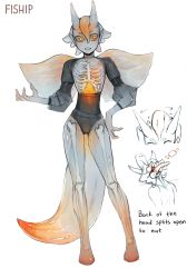 Rule 34 | 1other, absurdres, artist name, colored skin, extra mouth, grey choker, grey skin, hand on own hip, hand up, highres, horns, looking at viewer, matilda fiship, orange eyes, original, ribs, sea angel, short hair, shrug (clothing), simple background, tail, tentacle hair, see-through body, white background, wide-eyed, wings, wristband