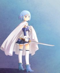Rule 34 | 10s, 1girl, aqua theme, arya (tianhua), bare shoulders, blue background, blue eyes, blue hair, blue theme, boots, cape, detached sleeves, gloves, hair ornament, highres, magical girl, mahou shoujo madoka magica, mahou shoujo madoka magica (anime), matching hair/eyes, miki sayaka, short hair, skirt, solo, standing, thighhighs, white thighhighs