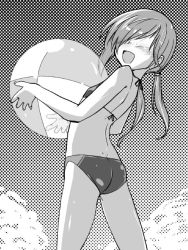 Rule 34 | ball, beachball, bikini, breasts, freckles, greyscale, hair over eyes, isshitaira, kazoku game, long hair, low twintails, monochrome, small breasts, solo, swimsuit, toono kanna, twintails