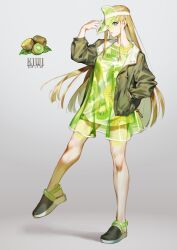 Rule 34 | 1girl, aqua eyes, aruk, black footwear, blonde hair, commentary, dated, drawstring, dress, english text, food, food-themed clothes, fruit, full body, green dress, green hat, green theme, grey jacket, hand in pocket, hand on headwear, hand up, hat, hat over one eye, highres, jacket, kiwi (fruit), kiwi print, layered dress, long hair, long sleeves, looking at viewer, open clothes, open jacket, original, print dress, sandals, see-through, see-through dress, short dress, sidelocks, solo, standing, standing on one leg, straight hair, symbol-only commentary, very long hair, visor cap