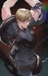 Rule 34 | 1boy, arms up, black shirt, blonde hair, blue eyes, bound, bound wrists, chain, chest harness, commentary, expressionless, half-closed eyes, harness, highres, holster, leon s. kennedy, looking to the side, male focus, muscular, muscular male, naijarski, pants, pectorals, resident evil, resident evil 4, resident evil 4 (remake), shirt, short hair, snake, solo, symbol-only commentary