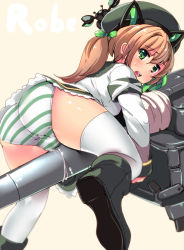 Rule 34 | 1girl, animal ears, armband, ass, bad id, bad pixiv id, beret, blue theme, blush, brown hair, cannon, character name, crab, crotch rub, fake animal ears, green eyes, green hat, hat, looking at viewer, looking back, open mouth, panties, pon&#039;nusu pon&#039;nu (sooblog), pussy juice, roberts (warship girls r), shirt, side ponytail, solo, striped clothes, striped panties, thighhighs, turret, underwear, warship girls r, white shirt, white thighhighs