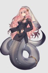 Rule 34 | 1girl, awee, blue eyes, blush, braid, female focus, full body, grey background, highres, impossible clothes, lamia, long hair, monster girl, original, parted lips, pink hair, pointy ears, side braids, simple background, solo