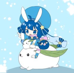 Rule 34 | 1girl, 7takada, ahoge, bag, blue background, blue bow, blue bowtie, blue coat, blue eyes, blue footwear, blue hair, blue headwear, blue theme, boots, bow, bowtie, braid, brooch, chibi, coat, fang, hair bow, hat, jewelry, long hair, long sleeves, low-braided long hair, low-tied long hair, open mouth, otomachi una, outstretched arm, pantyhose, pink pantyhose, pink scarf, pointing, pointing forward, riding, scarf, shoulder bag, sidelocks, sleeves past wrists, snow rabbit, star (symbol), star brooch, starry background, twin braids, twintails, vocaloid