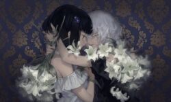 Rule 34 | 2girls, alternate costume, amemori sayo, arms up, bare shoulders, black dress, black hair, bouquet, choker, closed mouth, dress, flower, frilled dress, frills, from side, grey eyes, hair bobbles, hair ornament, half-closed eyes, highres, holding, holding another&#039;s head, holding bouquet, holding flower, hug, imaginary neko, kudou chitose, light smile, lily (flower), messy hair, multiple girls, nijisanji, off-shoulder dress, off shoulder, one side up, open mouth, profile, short hair, squinting, upper body, virtual youtuber, white choker, white dress, white flower, white hair, white lily, yellow eyes