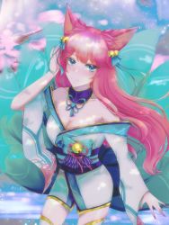Rule 34 | 1girl, ahri (league of legends), animal ears, bare shoulders, bell, blue eyes, blue tail, breasts, cleavage, detached collar, flower, fox ears, fox tail, gold trim, hair ribbon, highres, japanese clothes, jingle bell, kimono, large breasts, league of legends, long hair, looking at viewer, multiple tails, nail polish, outdoors, pink hair, ribbon, short kimono, solo, spirit blossom ahri, tail, thighhighs, water, white kimono, white thighhighs, wide sleeves